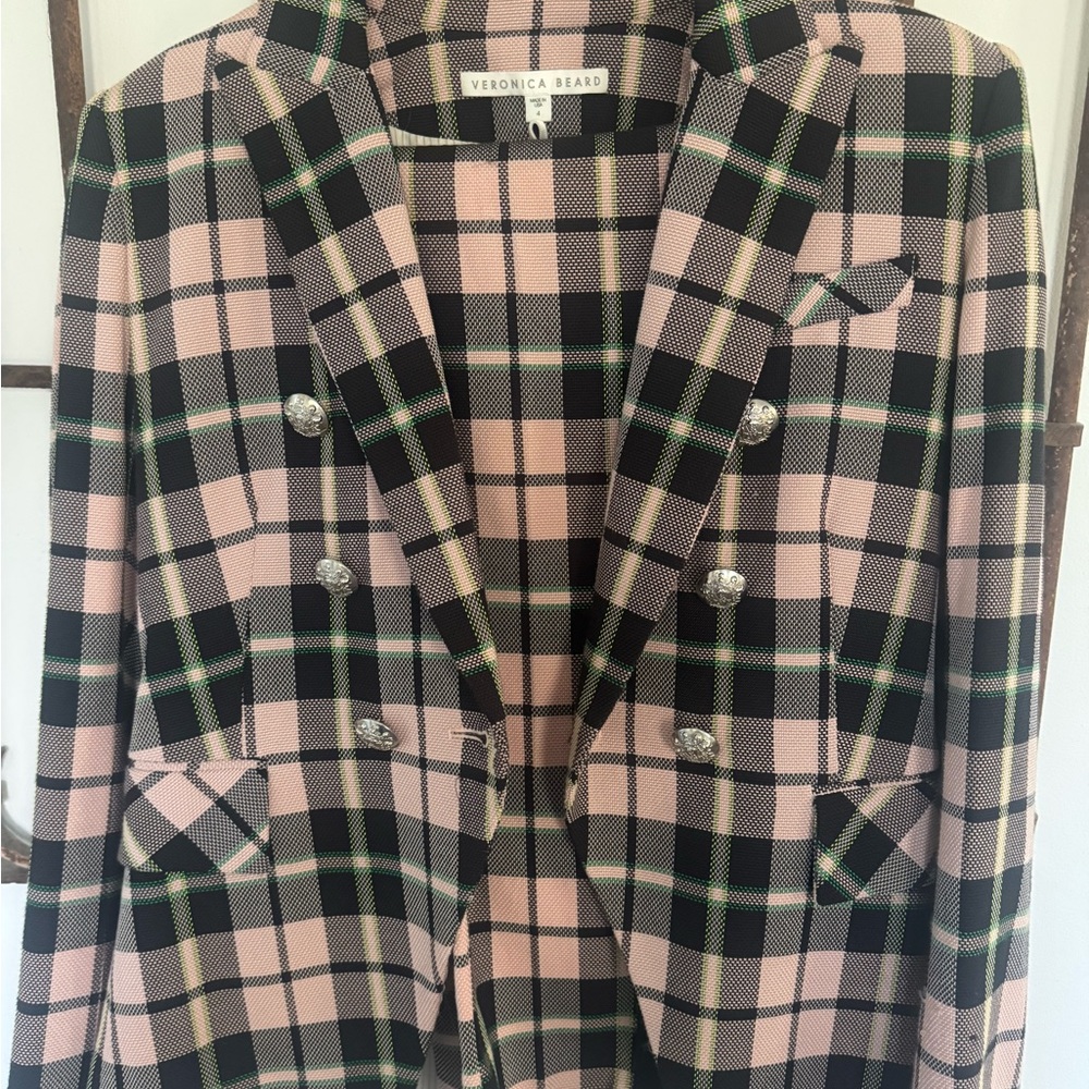 Veronica Beard Pink Black and Green Plaid Double-Breasted Blazer & Trousers - Picture 3 of 8